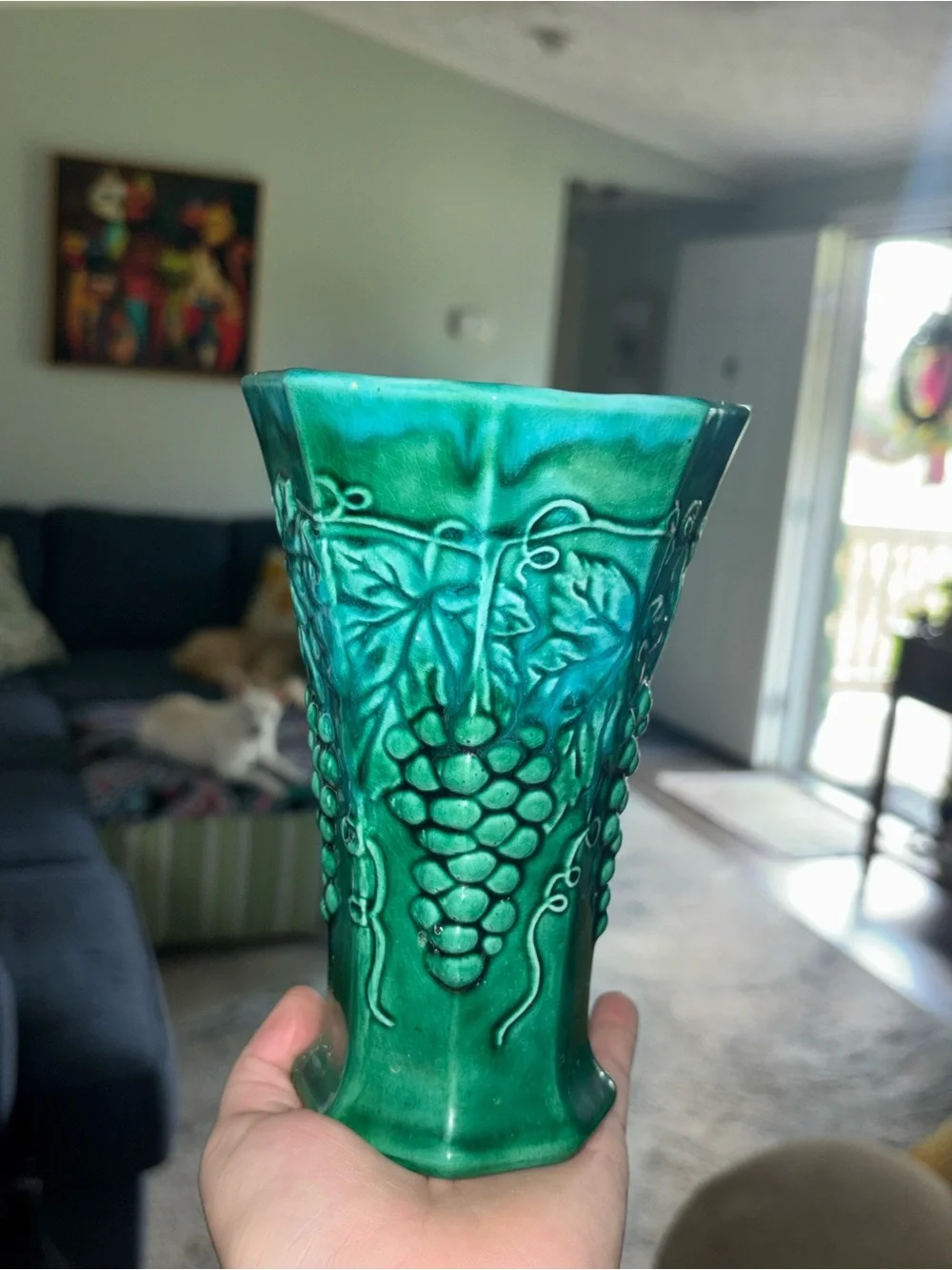Cottagecore Green Ceramic Grape Relief Vase - Home Accents